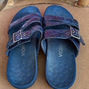Vionic black  and Blue Snake-Print Double-Strap Slides